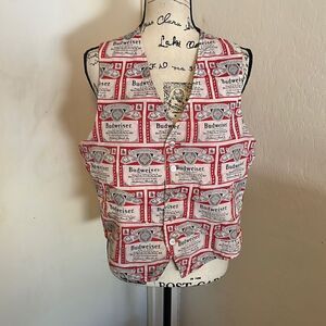 Vintage Budweiser Beer Red White Allover Print Reversible Button Closure Vest